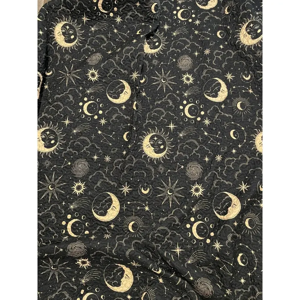 Celestial Sun Moon Quilt Set 83x99 Black Boho Stars 2 Shams Constellation Space